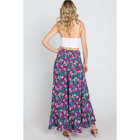 NEW EE:SOME floral maxi skirt with smocked waist & button front in fuchsia - Picture 6 of 8